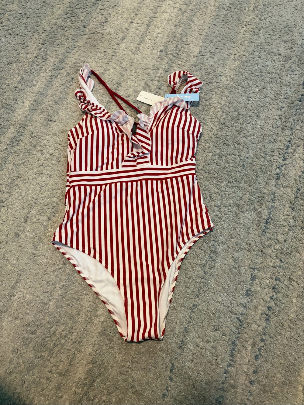 CUPSHE Red White Striped Ruffle One Piece Swimsuit  L NWT Cross Back Monokini